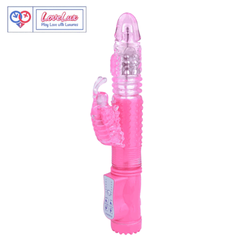 Rechargeable butterfly jack rabbit vibrator with rotating and thrusting beads
