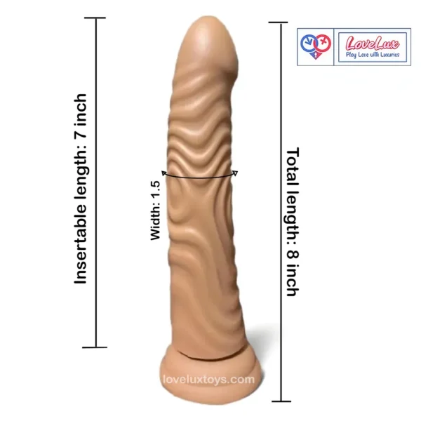 8 inch realistic silicone dildo velvet brown front view measurement.