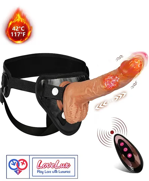 4-in-1 Remote Control 9 inch Strap-On Dildo Thrusting, Vibrating, swinging, Heating Massager Flesh Tone India By LoveLuxToys