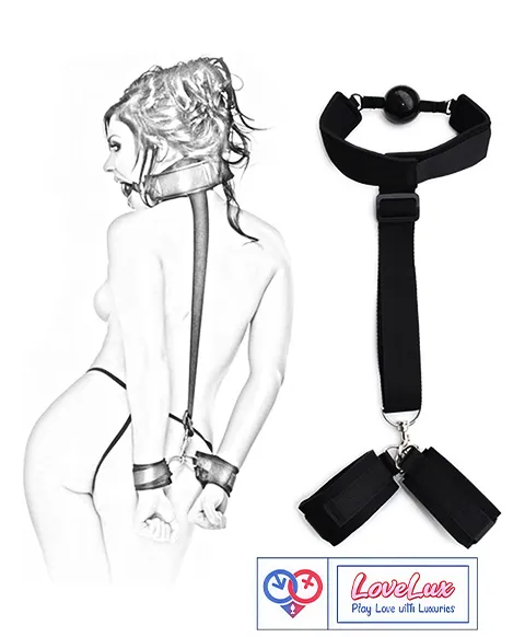 BDSM Bondage Restraint Kit Ball Gag Breathable, Wrist Cuffs & Collar couple Set black Color india By LoveLuxToys