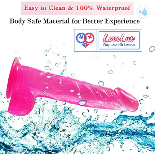 Pink color Jelly Strap-On Dildo with balls 8 Inch premium adjustable belt in India by LoveLuxToys