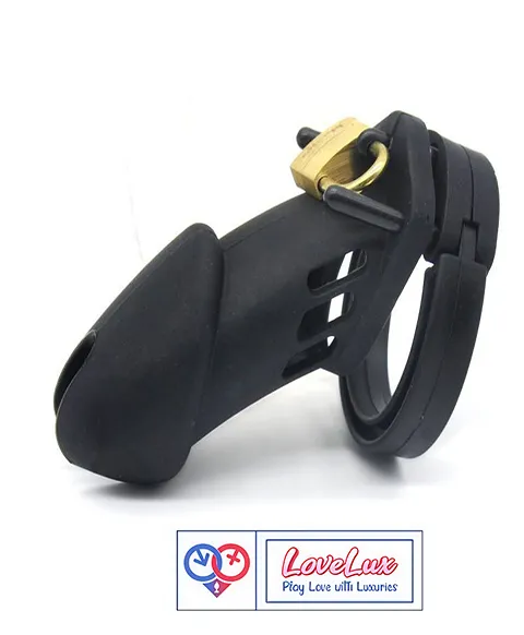 Soft Silicone Male Chastity Cage Locking Device with 5 Adjustable Rings Black Color In India By LoveLuxToys