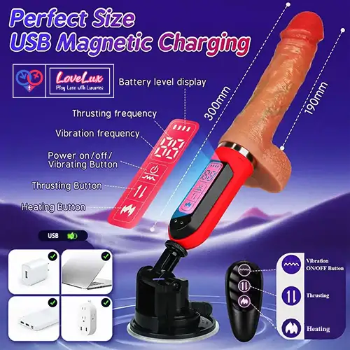 6 in 1 thrusting dildo machine with remote control. Multiple modes, powerful motor with Stand India by LoveLuxToys.com