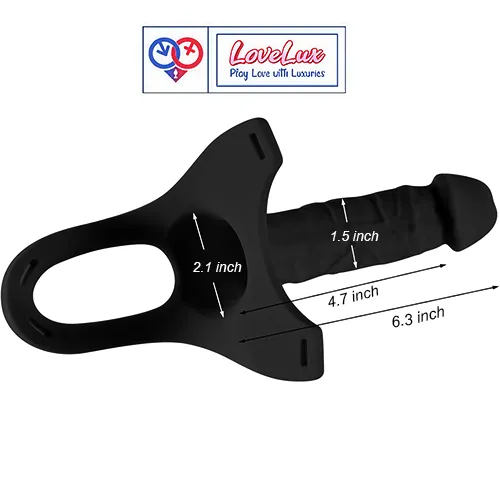 realistic hollow strap on dildo in black with wearable silicone sleeve design. Comfortable, body-safe, and secure fit India By loveluxtoys.com