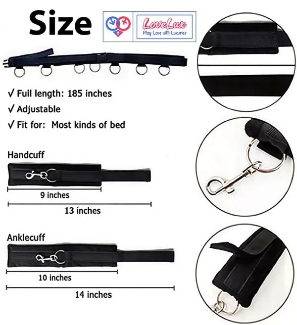 Bed Bondage Restraints Set Adult Toys Cuffs for Ankles and Hands Bed Restraint Strap Bondaged Bed Tie Downs for Bedroom Mattress Tie Down Straps for Bed Sex Accessories for Adults Couples for loveluxtoys Black color