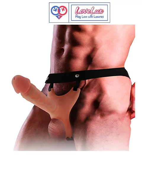realistic hollow strap on dildo in flesh color with wearable silicone sleeve design. Comfortable, body-safe, and secure fit India By loveluxtoys.com