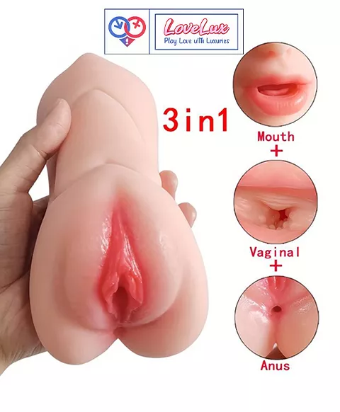 3 in 1 Realistic Tight Anus, Vagina & Mouth Pocket Pussy Masturbator Cup flesh Tone soft and elastic material India loveluxtoys