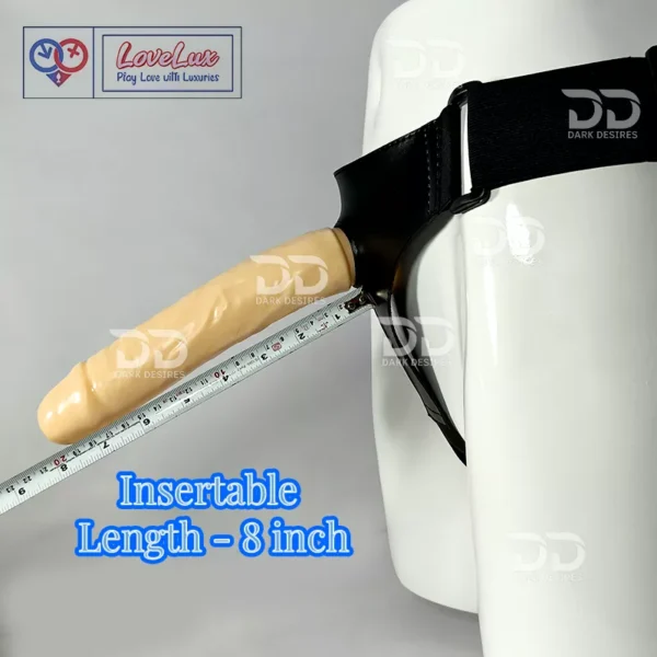 Black faux leather 9 inch strap on dildo with adjustable harness kit for pegging in India. Realistic, flesh colour, and solid design without balls by LoveLuxToys