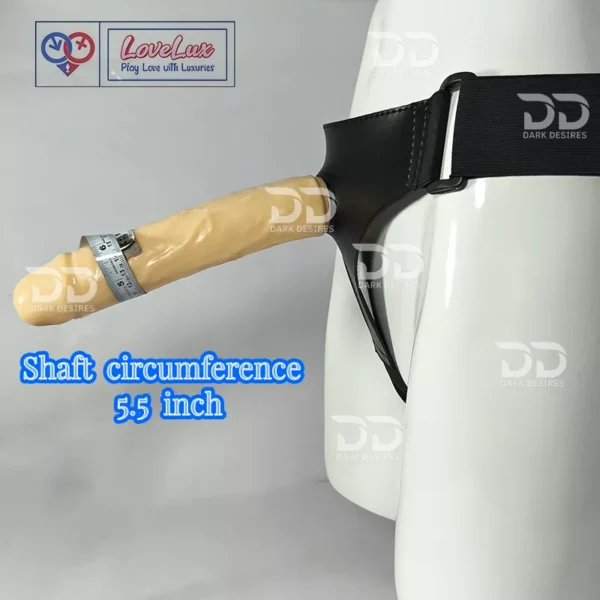 Black faux leather 9 inch strap on dildo with adjustable harness kit for pegging in India. Realistic, flesh colour, and solid design without balls by LoveLuxToys