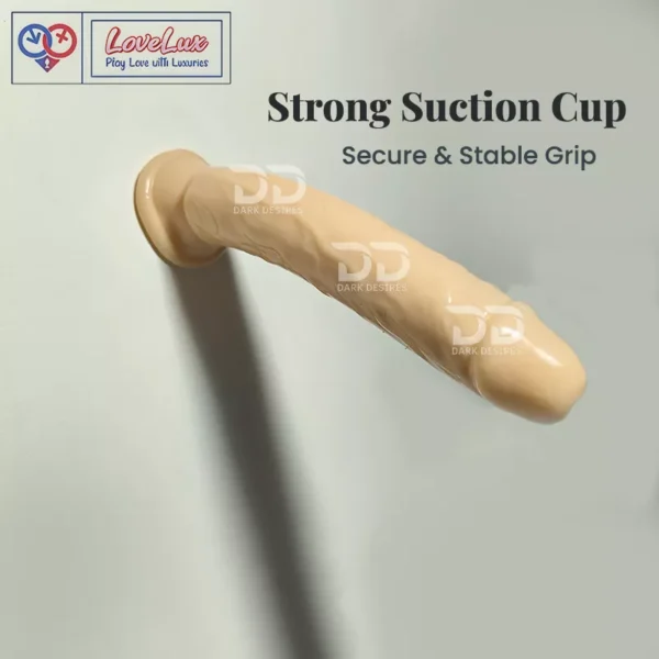 Black faux leather 9 inch strap on dildo with adjustable harness kit for pegging in India. Realistic, flesh colour, and solid design without balls by LoveLuxToys