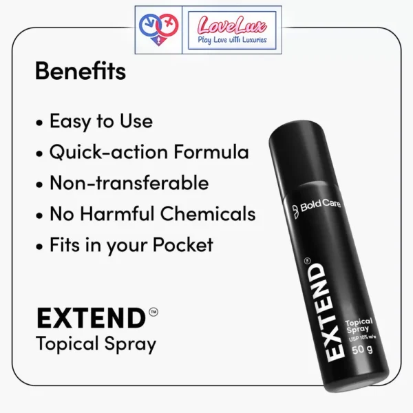 Extend delay spray for men for long lasting pleasure. Effective, fast absorbing, and easy to use for better stamina and performance black color sex toys in India by LoveLuxToys