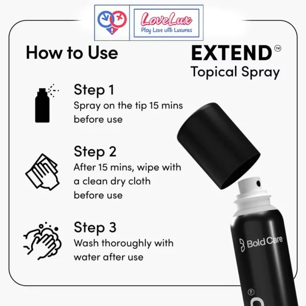 Extend delay spray for men for long lasting pleasure. Effective, fast absorbing, and easy to use for better stamina and performance black color sex toys in India by LoveLuxToys
