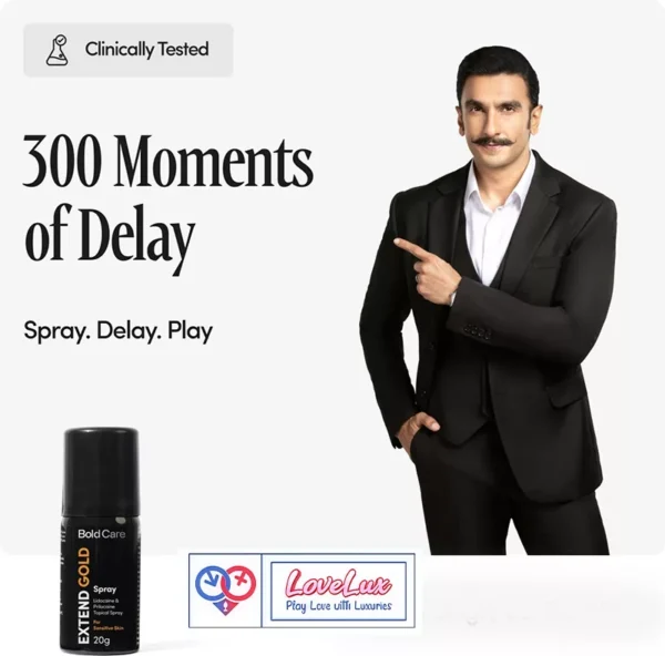 Extend Gold delay spray with lidocaine and prilocaine formula for sensitive skin. Reduces sensitivity and helps delay for longer performance black color Buy Sex Toys in India by LoveLuxToys