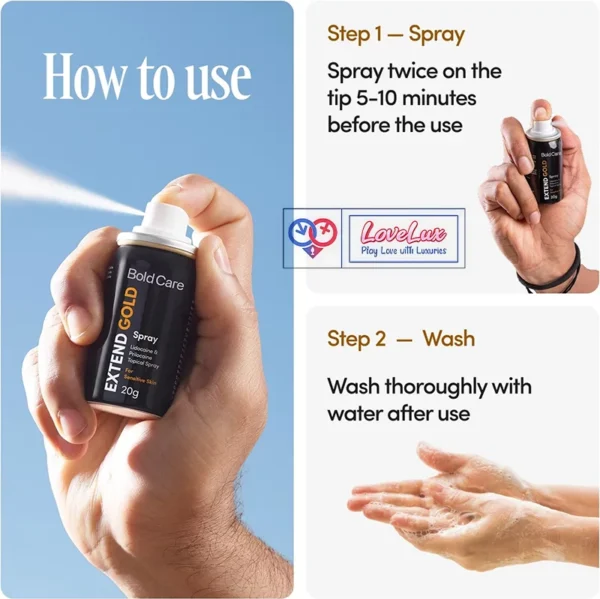 Extend Gold delay spray with lidocaine and prilocaine formula for sensitive skin. Reduces sensitivity and helps delay for longer performance black color Buy Sex Toys in India by LoveLuxToys