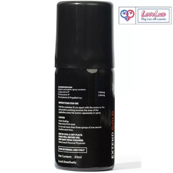 Extend Gold delay spray with lidocaine and prilocaine formula for sensitive skin. Reduces sensitivity and helps delay for longer performance black color Buy Sex Toys in India by LoveLuxToys