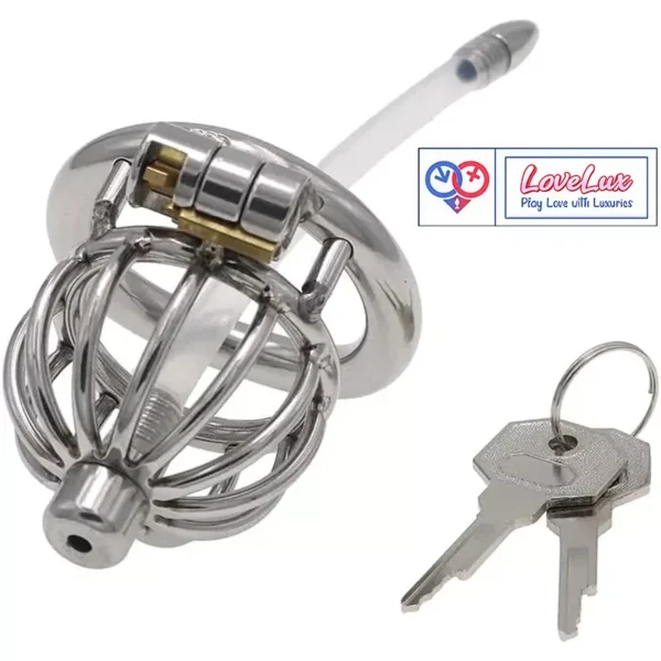 stainless steel male chastity cage with removable urethral tube and secure locking system Durable, hygienic, and ideal for fetish play penis lock device India by LoveLuxtoys